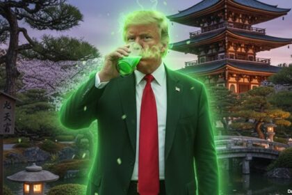 President Donald Trump drinking radioactive green tap water while in Japan.