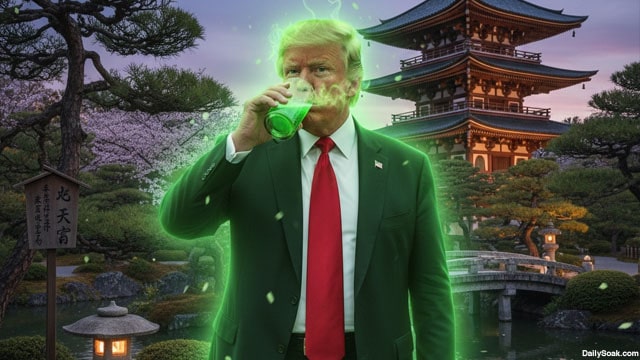 President Donald Trump drinking radioactive green tap water while in Japan.