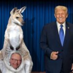 Australian Prime Minister Anthony Albanese inside of a kangaroo pouch standing next to President Donald Trump.