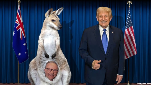 Australian Prime Minister Anthony Albanese inside of a kangaroo pouch standing next to President Donald Trump.