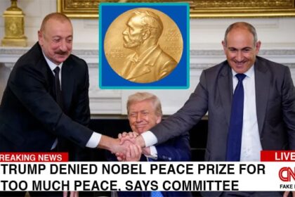President Donald Trump in the White House with two male world leaders shaking hands.