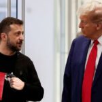 President Donald Trump and Ukraine President Zelensky in White House talking.