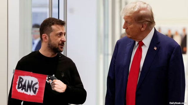 President Donald Trump and Ukraine President Zelensky in White House talking.