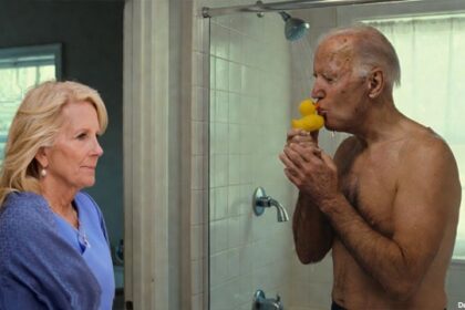 Jill Biden watching Joe Biden take a shower with his yellow rubber ducky.