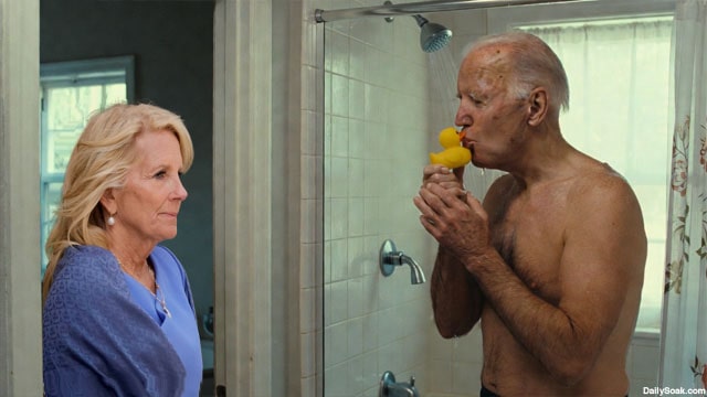 Jill Biden watching Joe Biden take a shower with his yellow rubber ducky.