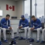 Toronto Blue Jays players inside Canada doctor's office after World Series baseball loss to LA Dodgers.