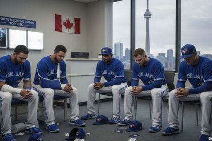 Toronto Blue Jays players inside Canada doctor's office after World Series baseball loss to LA Dodgers.