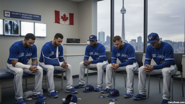 Toronto Blue Jays players inside Canada doctor's office after World Series baseball loss to LA Dodgers.