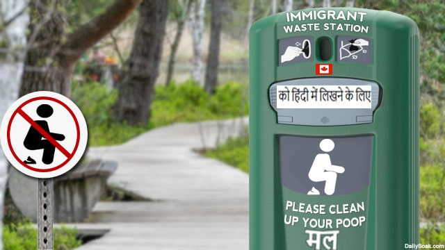 Dog poop waste station for immigrants in Canada park.