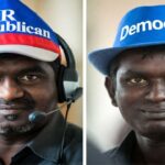 Indian troll farm Indian male scammers wearing GOP Republican and DNC Democrat hats inside call center.