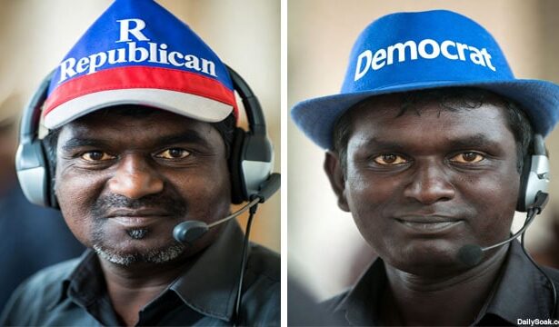 Indian troll farm Indian male scammers wearing GOP Republican and DNC Democrat hats inside call center.
