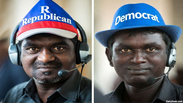 Indian troll farm Indian male scammers wearing GOP Republican and DNC Democrat hats inside call center.