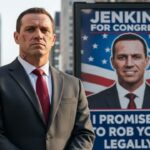 White male convict wearing a suit and tie standing in front of sign running for Congress.