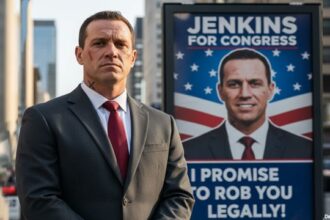 White male convict wearing a suit and tie standing in front of sign running for Congress.