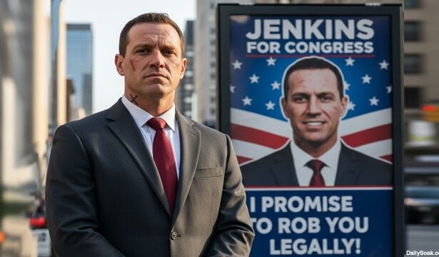 White male convict wearing a suit and tie standing in front of sign running for Congress.