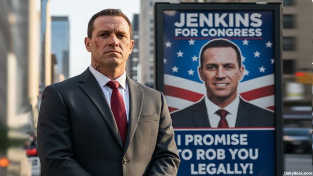 White male convict wearing a suit and tie standing in front of sign running for Congress.