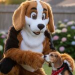 Dr. Fauci wearing a beagle furry costume standing next to a beagle dog outside.