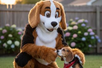 Dr. Fauci wearing a beagle furry costume standing next to a beagle dog outside.