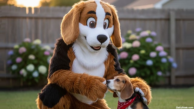 Dr. Fauci wearing a beagle furry costume standing next to a beagle dog outside.