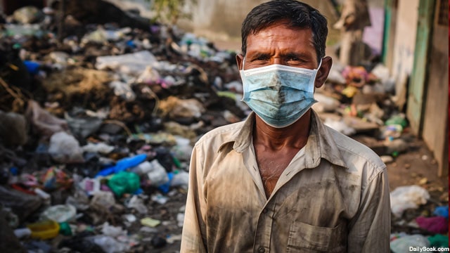 Indian man wearing face mask surrounded by trash and poop in dirty India street.