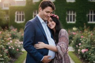 Katy Perry hugging Justin Trudeau in front of a green house.