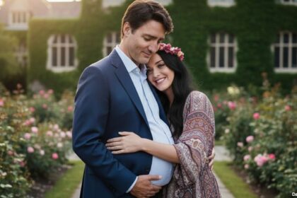 Katy Perry hugging Justin Trudeau in front of a green house.