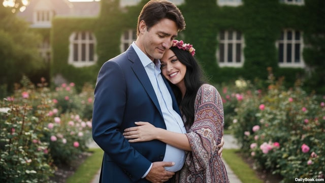 Katy Perry hugging Justin Trudeau in front of a green house.