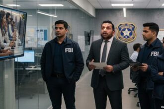 FBI Director Kash Patel standing next to Indian FBI agents inside of a FBI office.