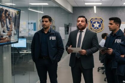FBI Director Kash Patel standing next to Indian FBI agents inside of a FBI office.