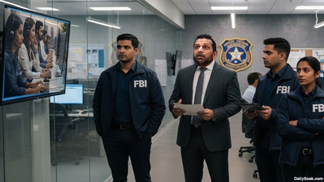 FBI Director Kash Patel standing next to Indian FBI agents inside of a FBI office.