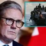 UK Prime Minister Keir Starmer scowling at illegal African migrants on a boat.