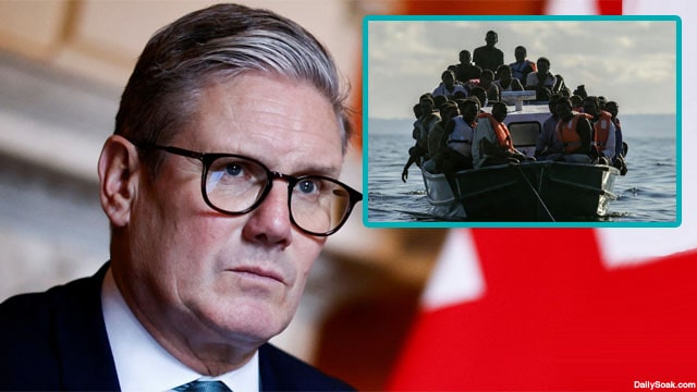 UK Prime Minister Keir Starmer scowling at illegal African migrants on a boat.