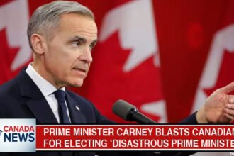 Prime Minister Mark Carney behind a podium on stage speaking to Canadian voters.