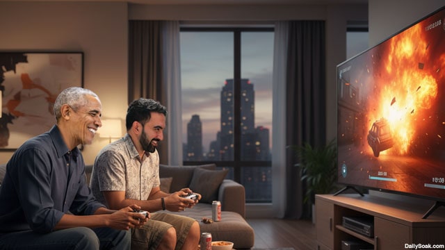 Barack Obama and Zohran Mamdani playing video games about drone striking people.