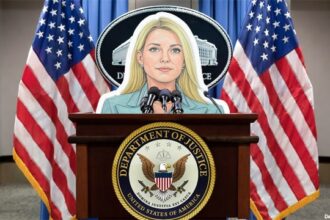 Cardboard cutout of Attorney General Pam Bondi standing behind a podium.
