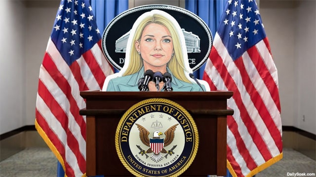 Cardboard cutout of Attorney General Pam Bondi standing behind a podium.