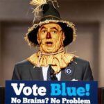 The Scarecrow from the Wizard of Oz wearing a suit and tie standing behind a podium in a Democrat campaign.