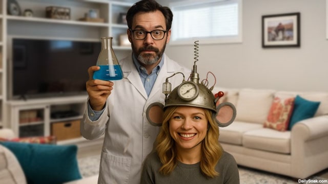 Scientist in white lab coat experimenting on his son wearing a mouse costume while furloughed on government shutdown.
