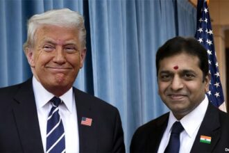 President Donald Trump and an Indian H-1B man standing in for JD Vance.
