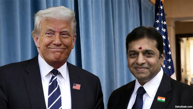 President Donald Trump and an Indian H-1B man standing in for JD Vance.