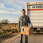 White Democrat man standing in front of a U-Haul truck on a Texas farmland road.