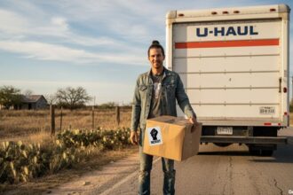 White Democrat man standing in front of a U-Haul truck on a Texas farmland road.