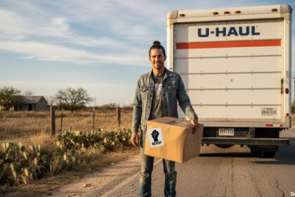 White Democrat man standing in front of a U-Haul truck on a Texas farmland road.