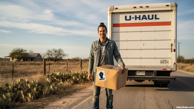 White Democrat man standing in front of a U-Haul truck on a Texas farmland road.