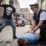 UK police arresting a British man on the ground while an African migrant waves a knife around.