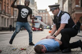 UK police arresting a British man on the ground while an African migrant waves a knife around.