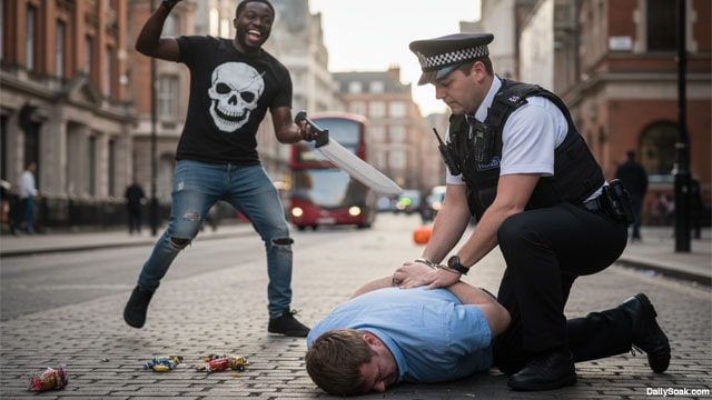 UK police arresting a British man on the ground while an African migrant waves a knife around.