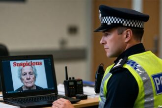 UK police man sitting at a laptop looking at an old British woman on the screen.