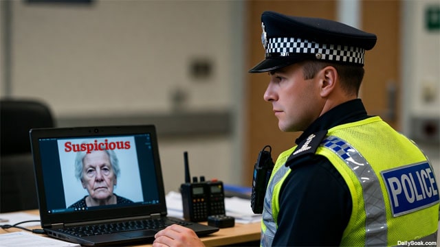 UK police man sitting at a laptop looking at an old British woman on the screen.