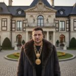 Ukraine President Volodymyr Zelensky wearing a fur coat and gold chains standing in front of a mansion.